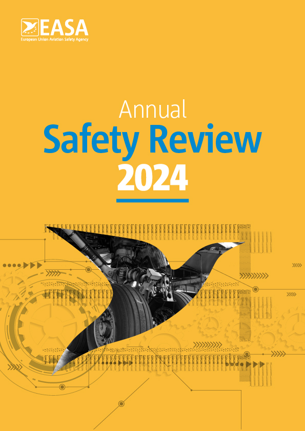Cover of the Annual Safety review 2024. The cover is yellow. In the center, the shape of a bird masks a picture of the wheel of a aircraft.