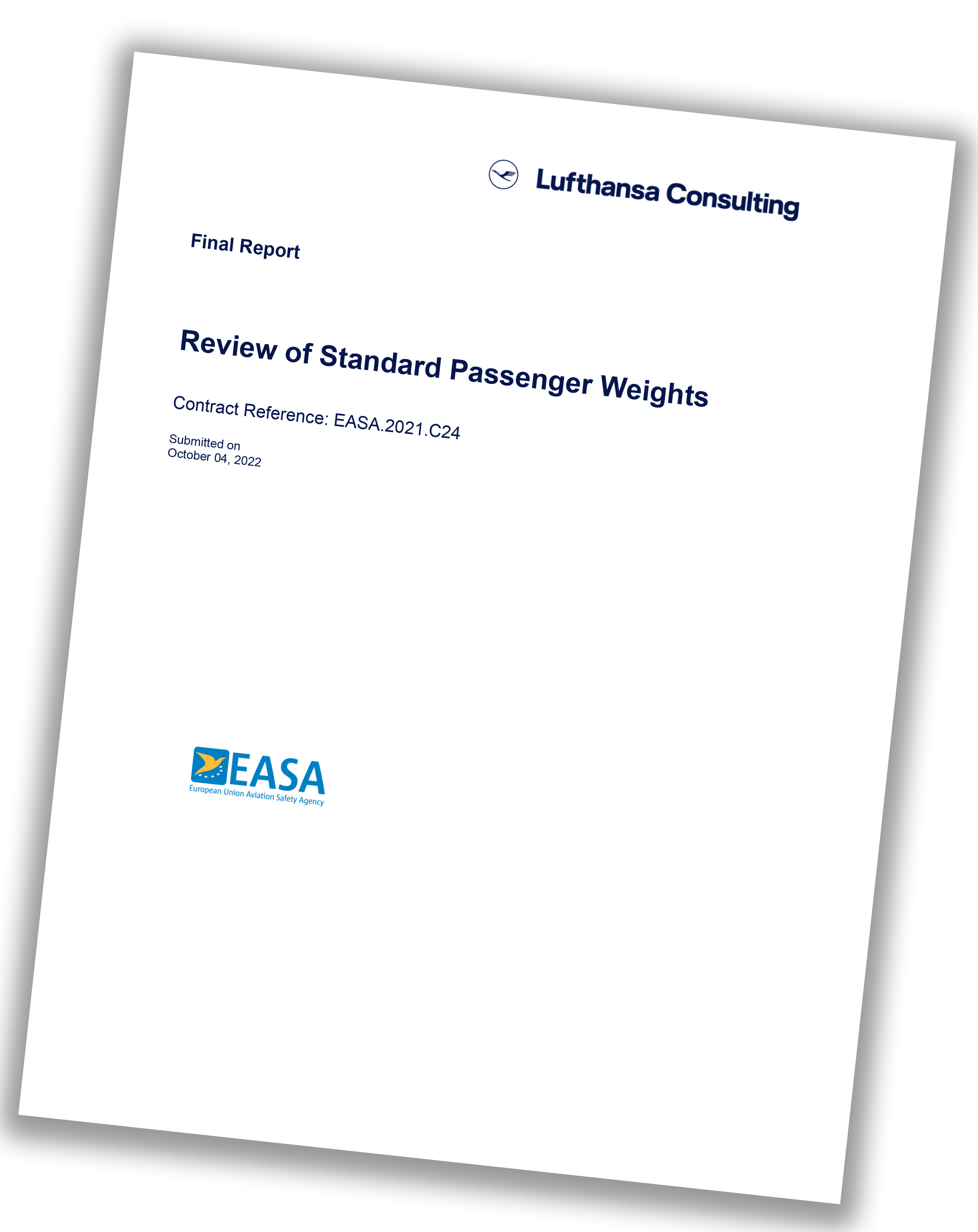 forside af EASA-rapporten med titlen: Gennemgang af standardpassagervægten